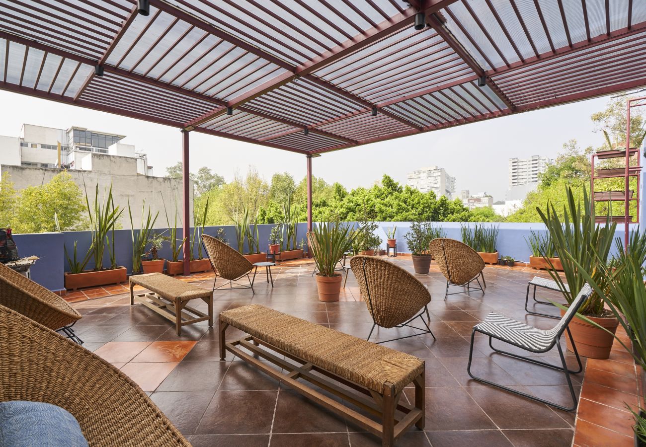 Alquiler por habitaciones en Ciudad de México - Preciosa habitación con baño privado y cocina/terraza/lavadora común C12